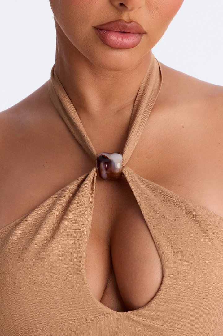 Iced Coffee Beaded Linen Halter Top - Camel