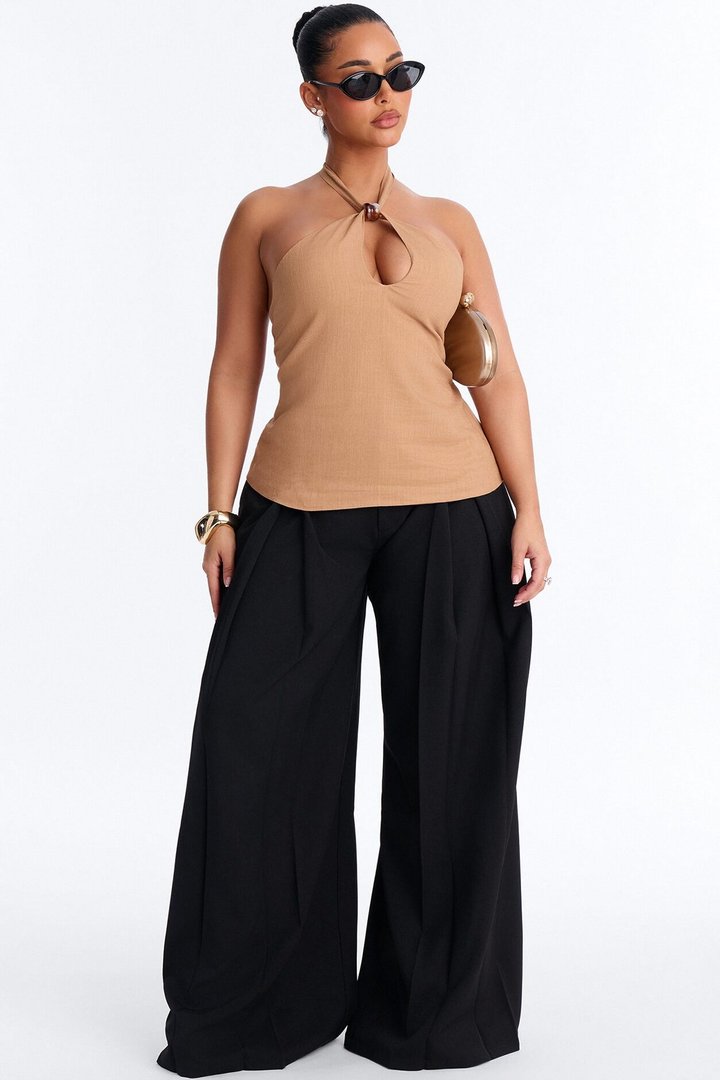 Iced Coffee Beaded Linen Halter Top - Camel
