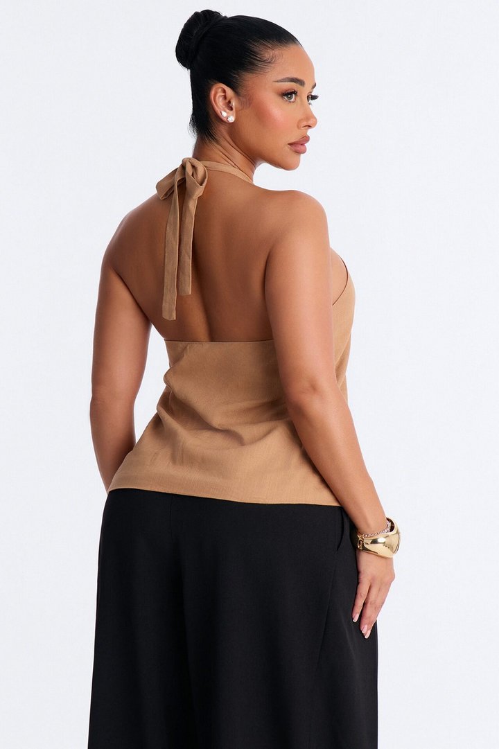 Iced Coffee Beaded Linen Halter Top - Camel