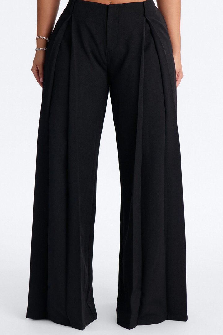 Stevie Low Rise Front Pleated Wide Leg Trouser Pant 33″ - Black