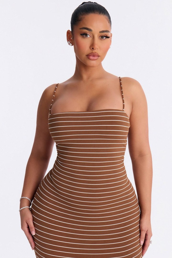 Thea Striped Twist Back Ribbed Maxi Dress - Brown/combo