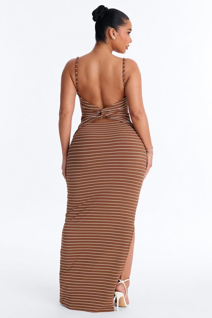 Thea Striped Twist Back Ribbed Maxi Dress - Brown/combo