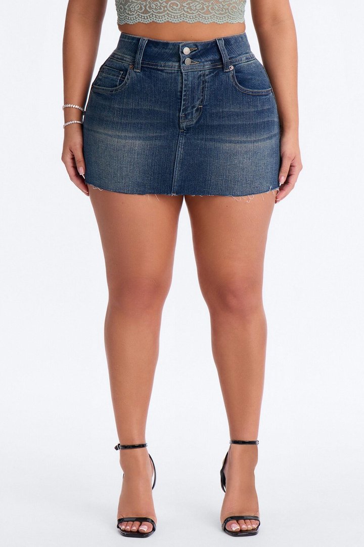 Hotter Than Yesterday Low Rise Stretch Denim Mini Skort - Dark Wash