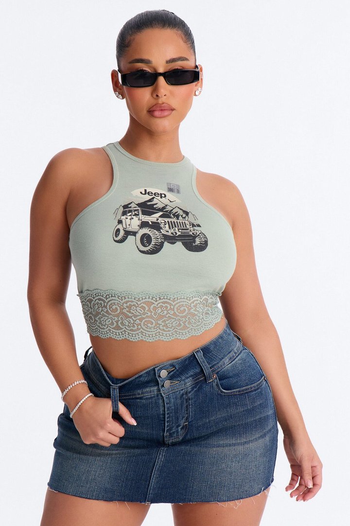 Jeep Lace Trim Muscle Tank - Sage