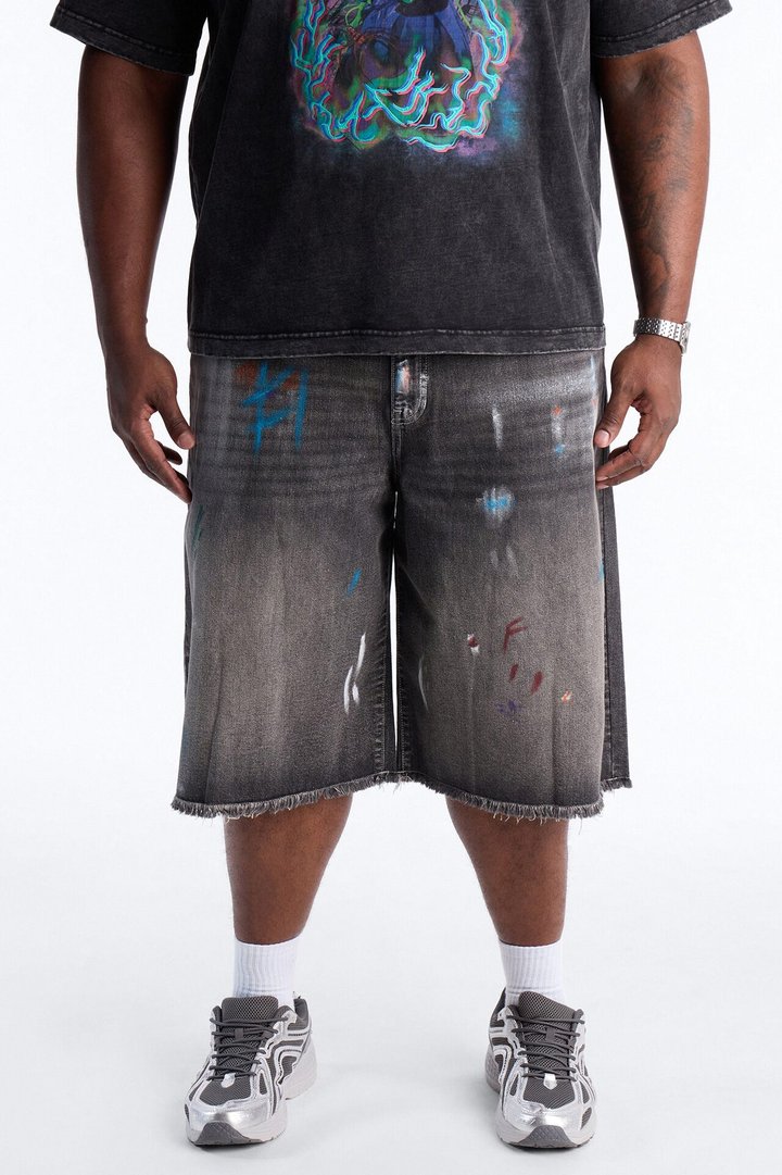 Baggy Vandal Drip Denim Short - Black Wash