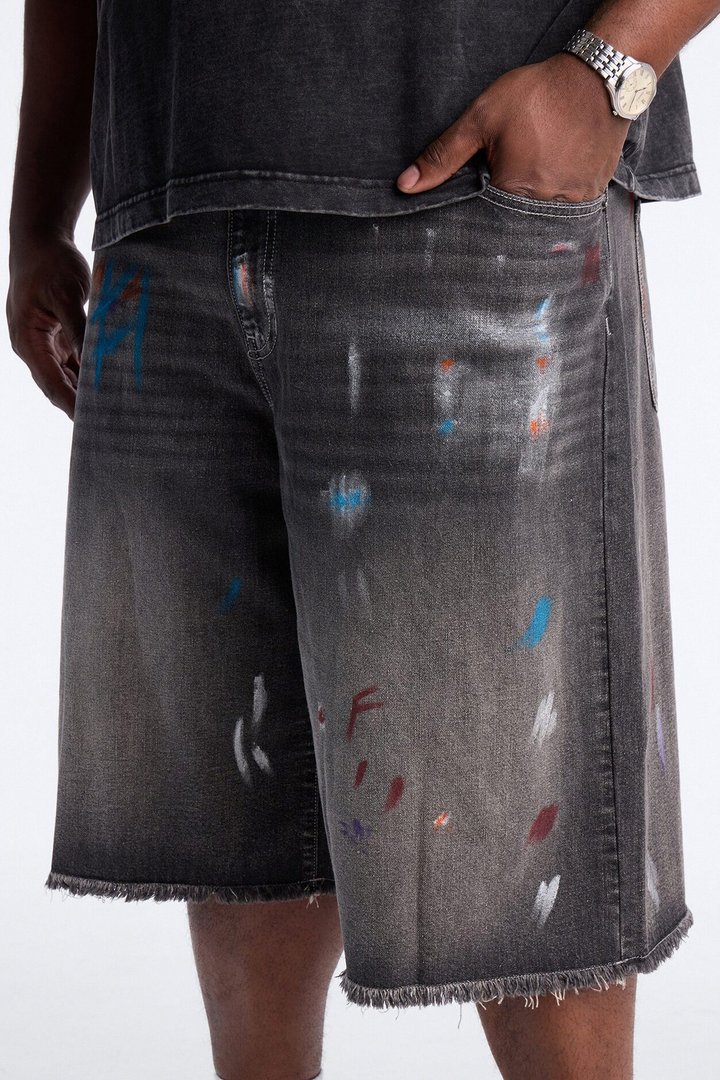 Baggy Vandal Drip Denim Short - Black Wash