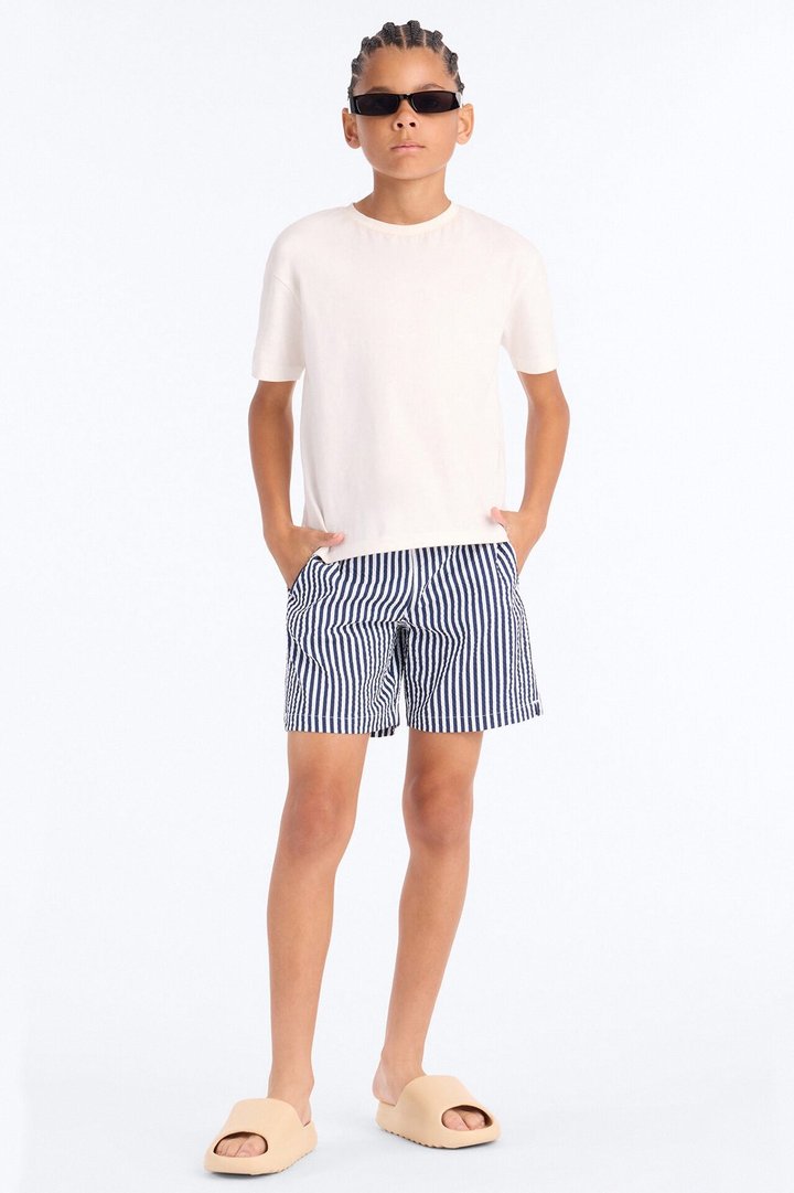 Mini Striped Resort Seersucker Swim Short Trunk - Navy