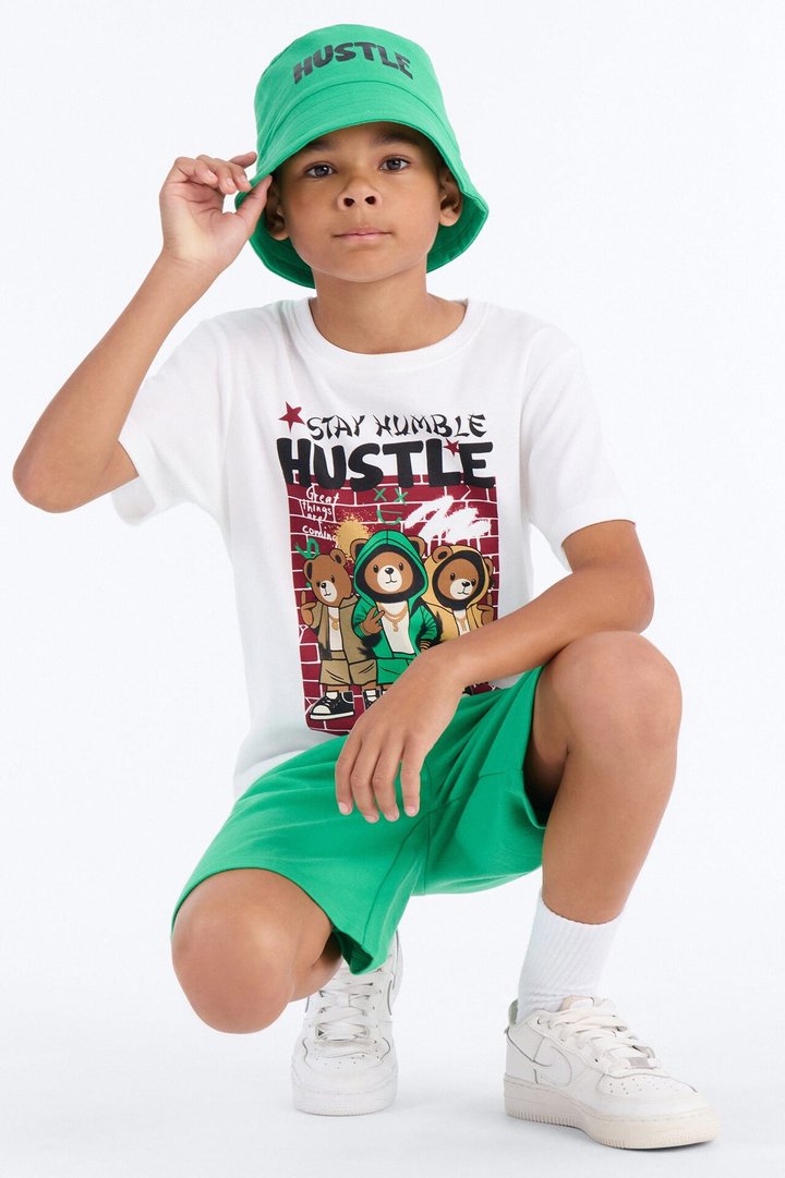 Mini Stay Humble And Hustle Short Set With Bucket Hat - White/combo