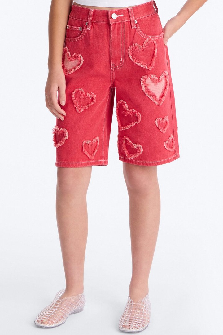 Mini Have A Heart Patchwork Denim Jorts - Hot Pink