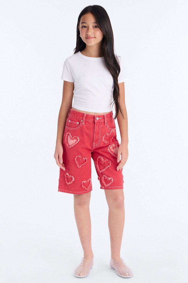 Mini Have A Heart Patchwork Denim Jorts - Hot Pink