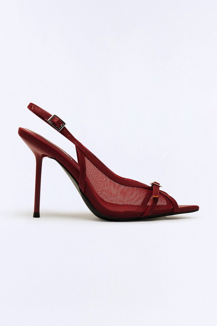 Streep Peep Toe Mesh Pumps - Burgundy