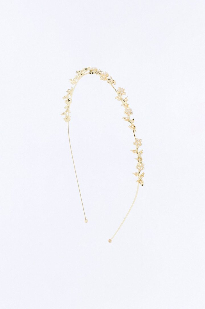 Flowers In White Pearl Headband - Gold