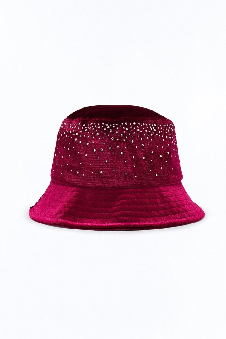Rhinestone Embellished Bucket Hat - Burgundy