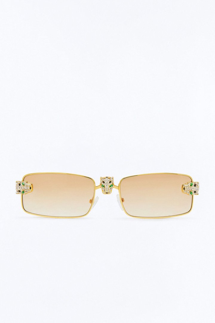 Iced Panther Rectangle Metal Sunglasses - Gold/Brown