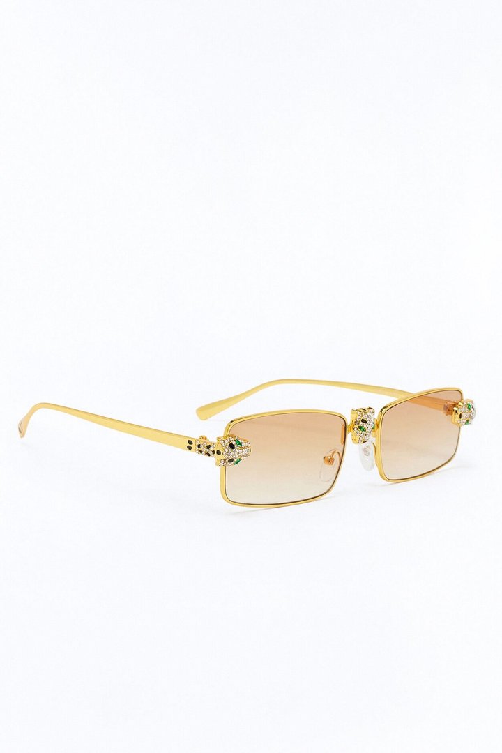 Iced Panther Rectangle Metal Sunglasses - Gold/Brown