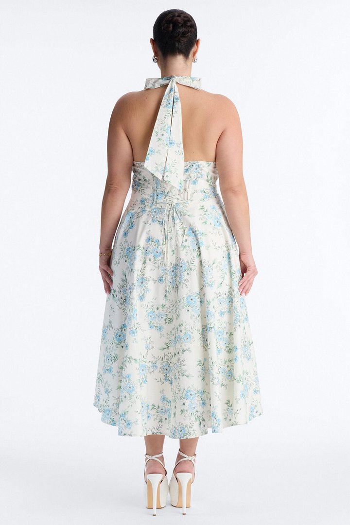Adelaide Halter Floral Midi Dress - White/Blue