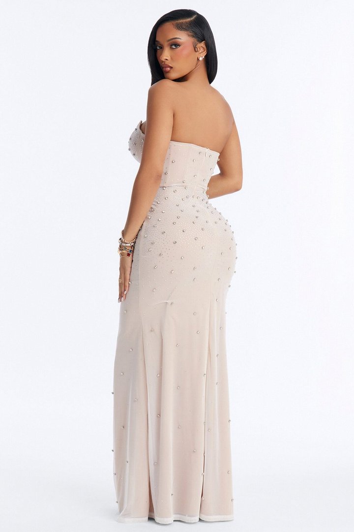 Zola Corset Rhinestone Mesh Gown - White