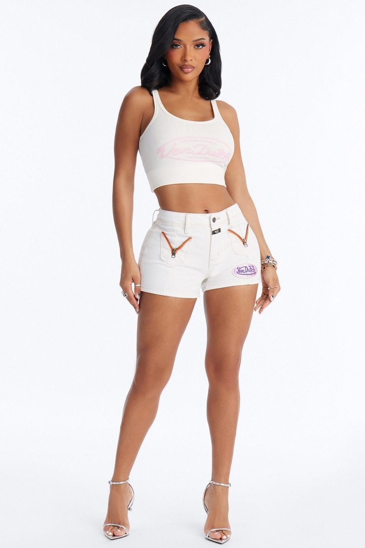 Von Dutch Zipper Denim Shorts - White
