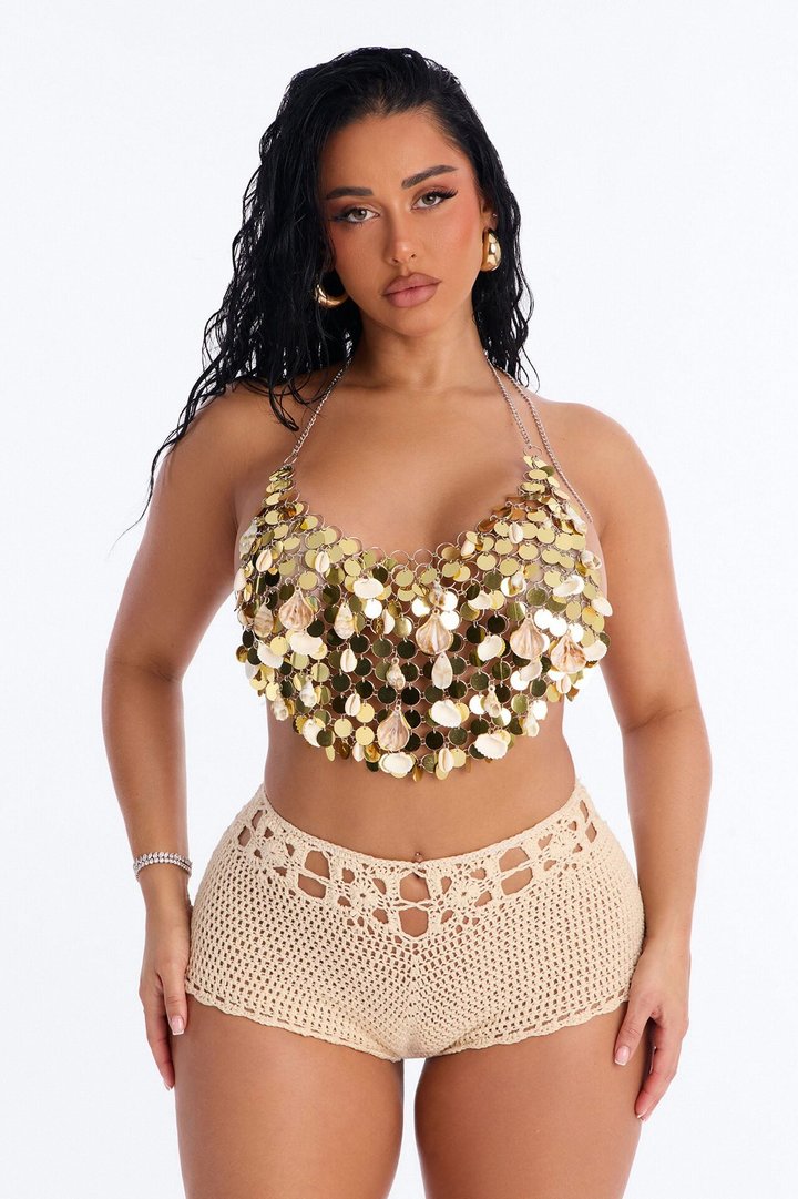 Warm Sunrise Crochet Mini Swim Cover Up Short - Tan