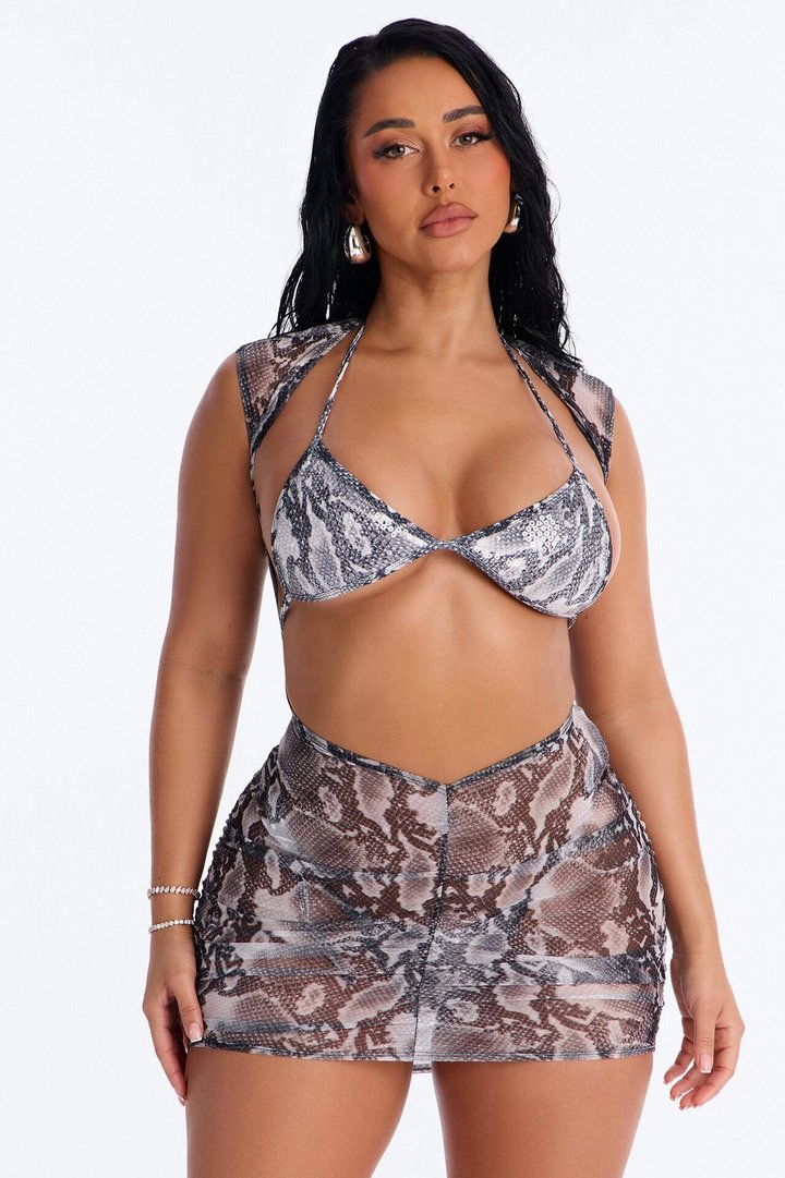 Mojitos And Summer Heat Snake Deep V-Neck Swim Cover Up Mini Dress - Black/White