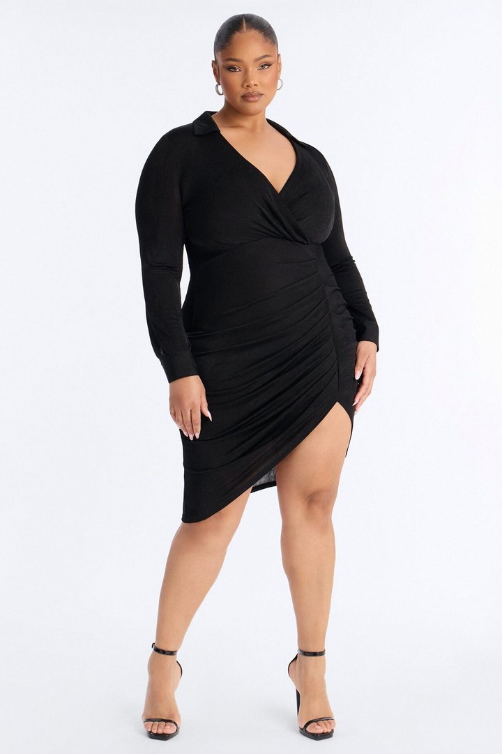 Isa Ruched Slinky Midi Dress - Black
