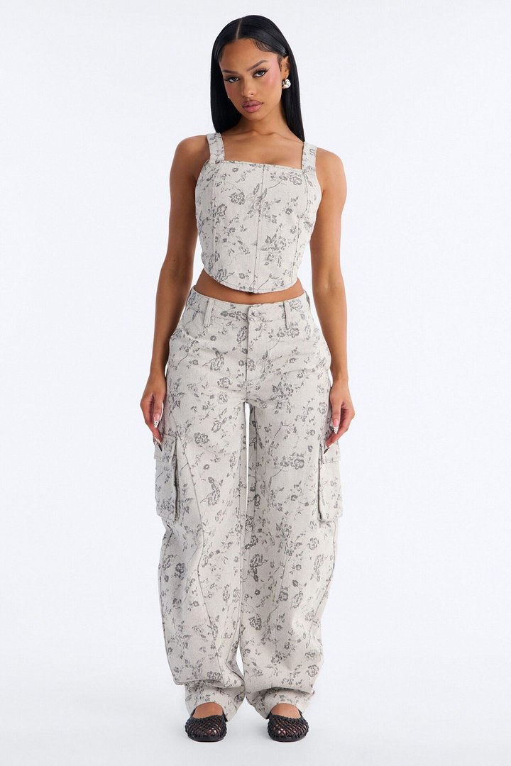 Emma Floral Barrel Pant Set - Grey