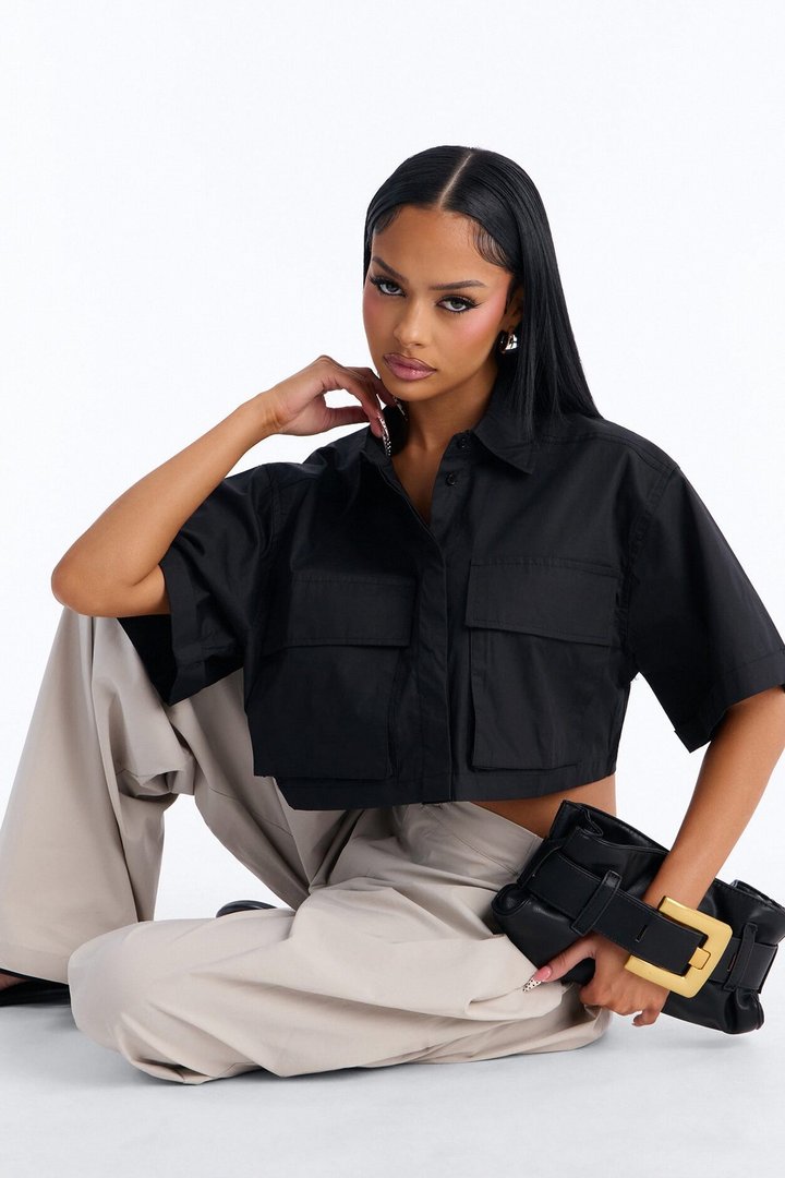 Carmen Cropped Poplin Shirt - Black