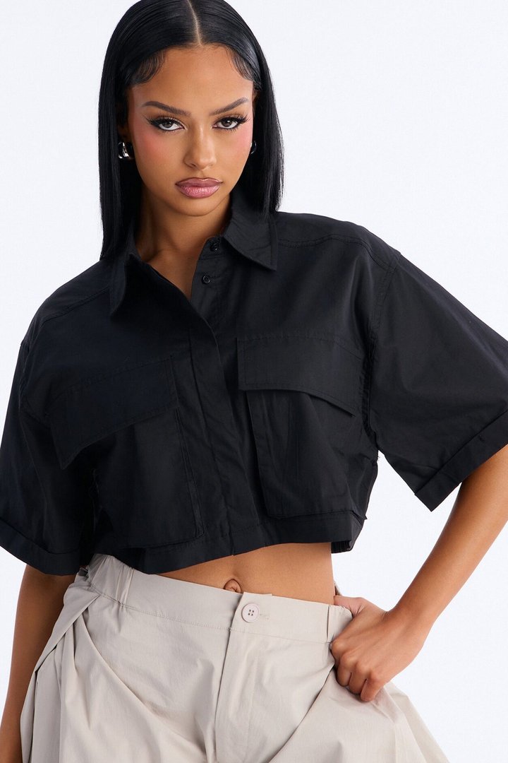 Carmen Cropped Poplin Shirt - Black