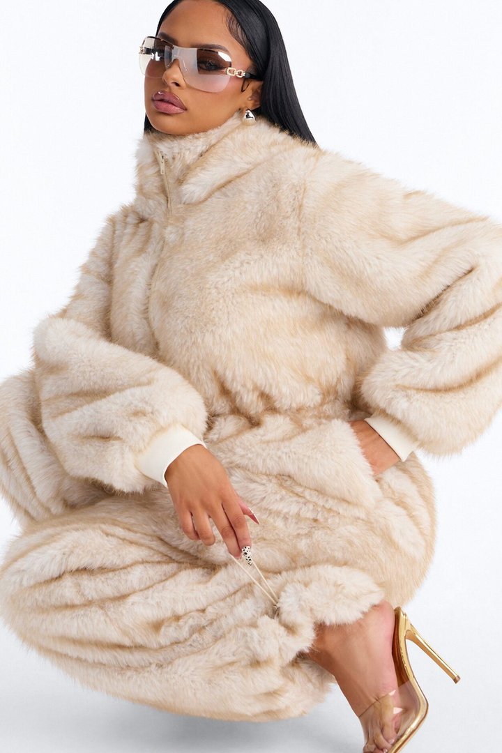 Cuddled Up Faux Fur Hooded Jumpsuit - Beige