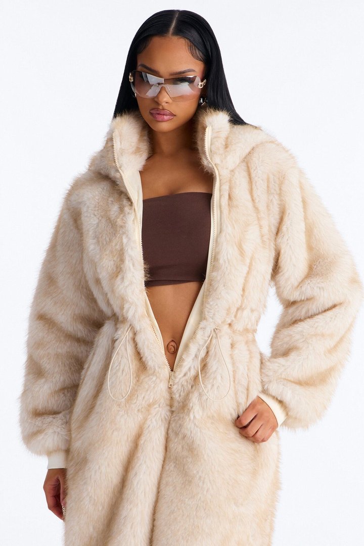 Cuddled Up Faux Fur Hooded Jumpsuit - Beige