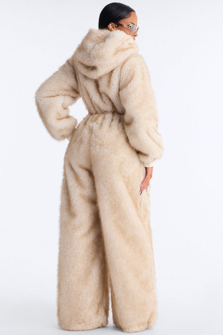 Cuddled Up Faux Fur Hooded Jumpsuit - Beige