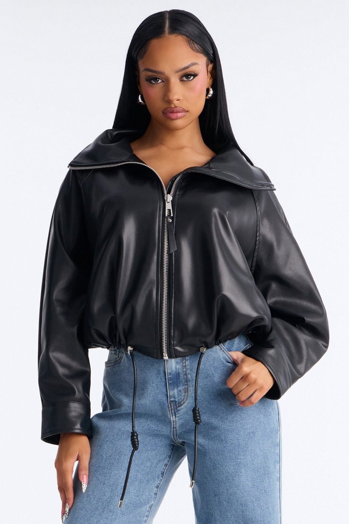 Iris Faux Leather Funnel Neck Bubble Bomber Jacket - Black