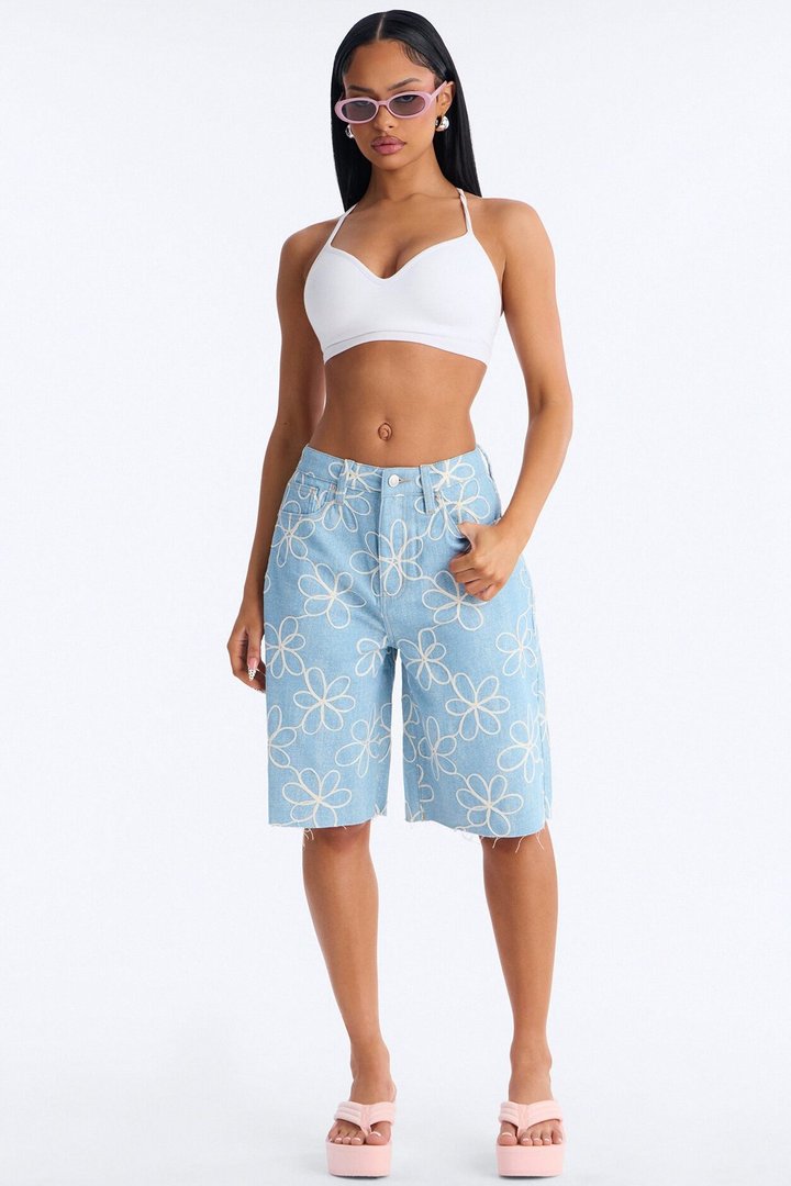 Good Vibes Embroidered Denim Jorts - Light Wash