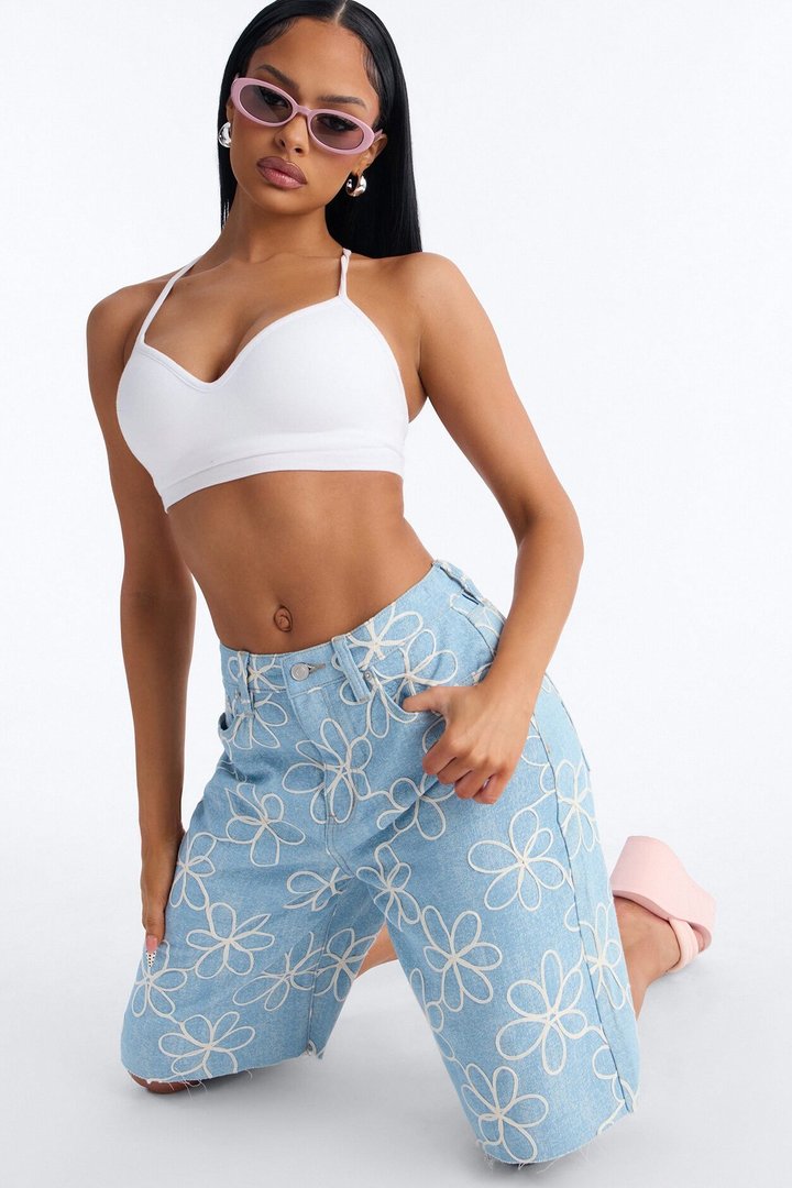 Good Vibes Embroidered Denim Jorts - Light Wash