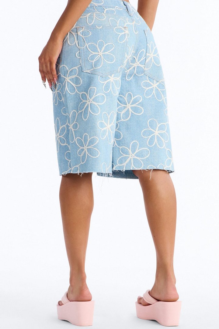 Good Vibes Embroidered Denim Jorts - Light Wash