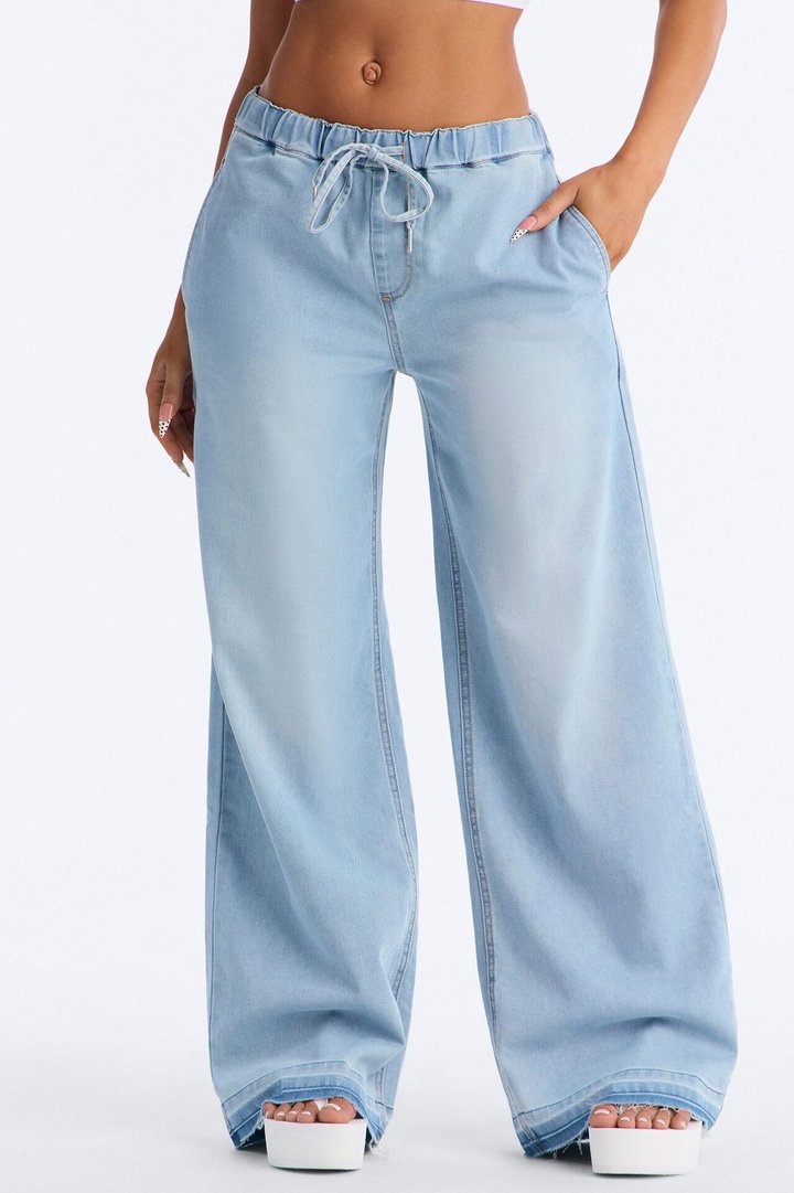 Marina Stretch Crosshatch Tie Waist Jeans - Light Blue Wash