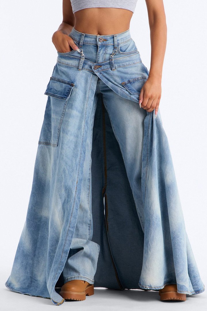 Serving Looks Cargo Overlay Stretch Straight Leg Jeans - Medium Wash