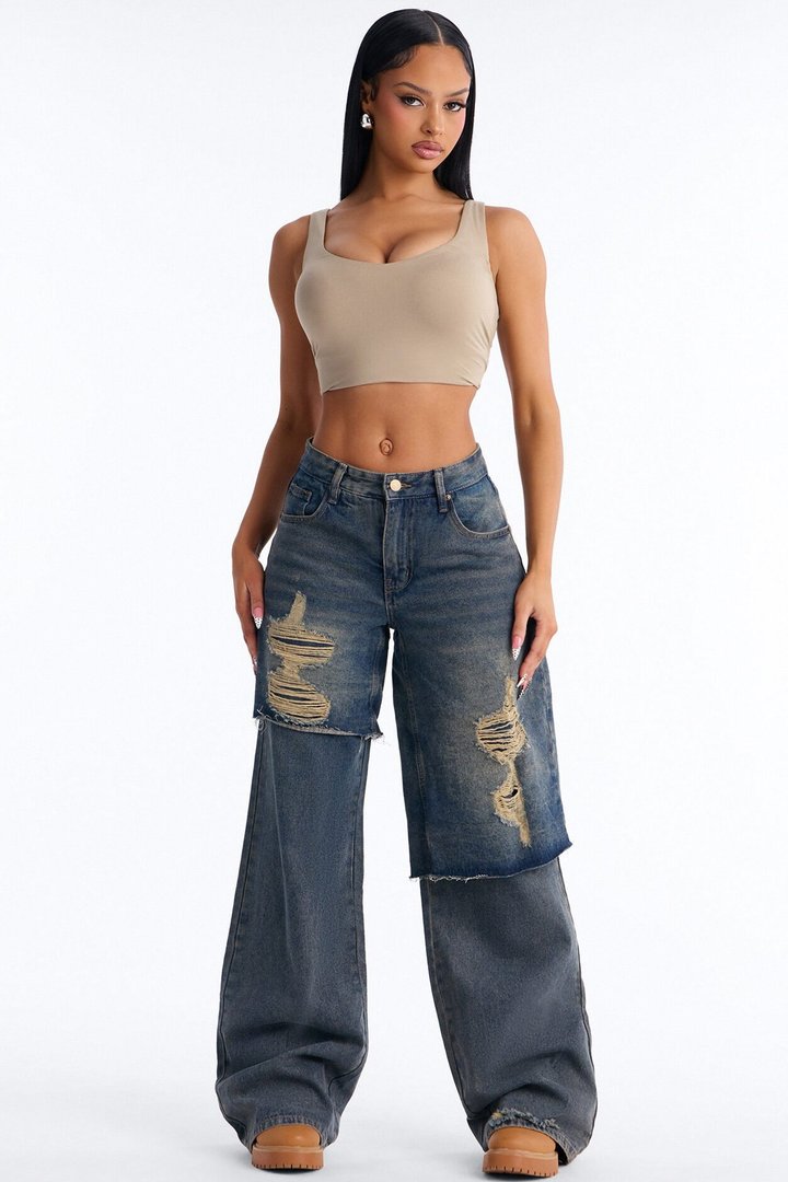 On The Inside Ripped Layered Jeans - Vintage Wash
