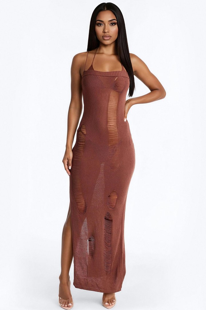 Penny Crochet Swim Cover Up Maxi Dress - Chocolate