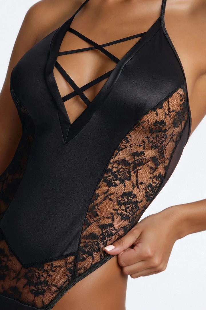 Late Night Lace Trim Halter Satin Teddy - Black