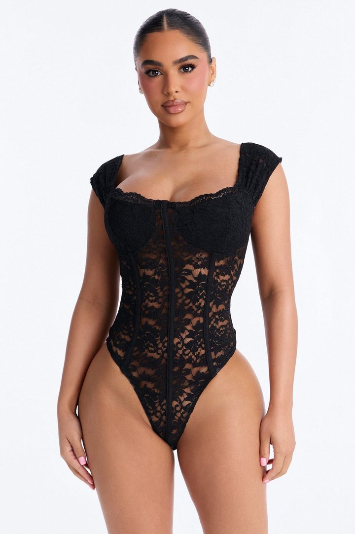 Maria Sheer Lace Short Sleeve Bodysuit - Black