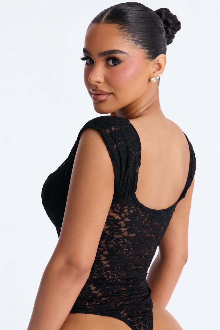 Maria Sheer Lace Short Sleeve Bodysuit - Black