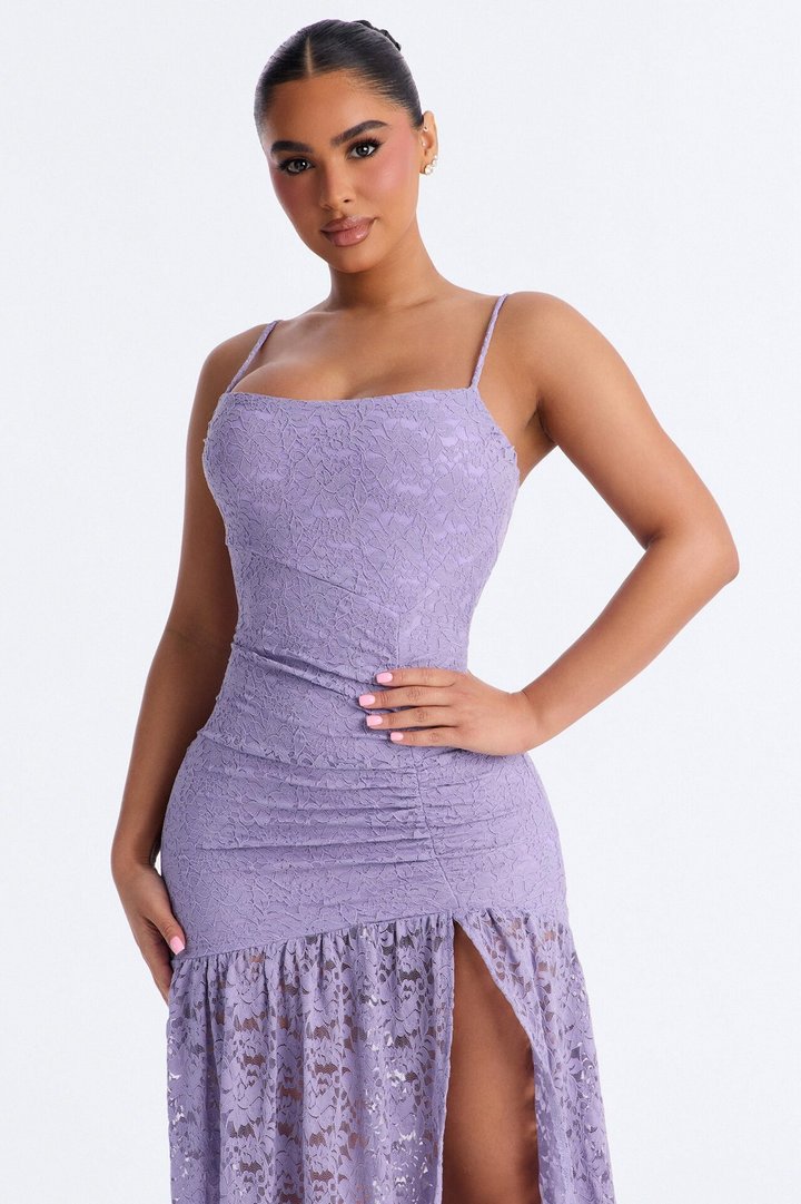 Valentia Ruched Lace Maxi Dress - Purple