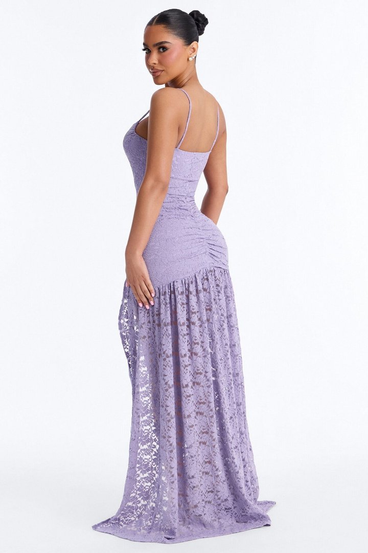 Valentia Ruched Lace Maxi Dress - Purple