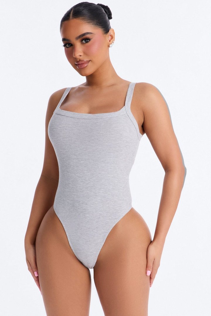 Lara Square Neck Ribbed Bodysuit - Heather Grey