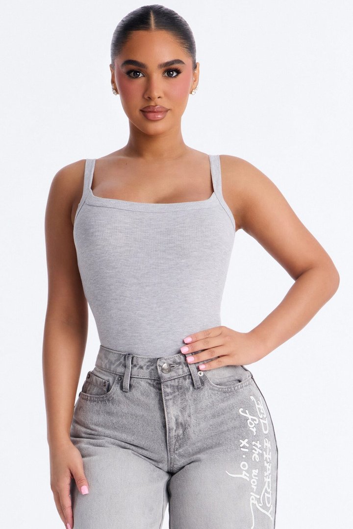 Lara Square Neck Ribbed Bodysuit - Heather Grey