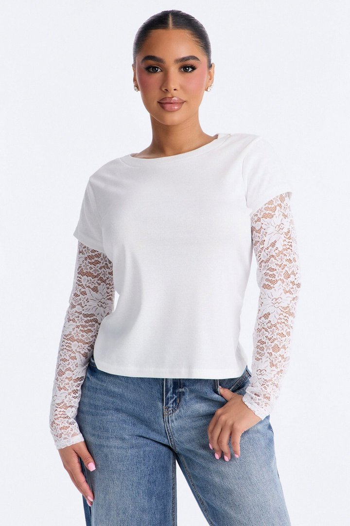 Selene Crew Neck Lace Long Sleeve Top - White