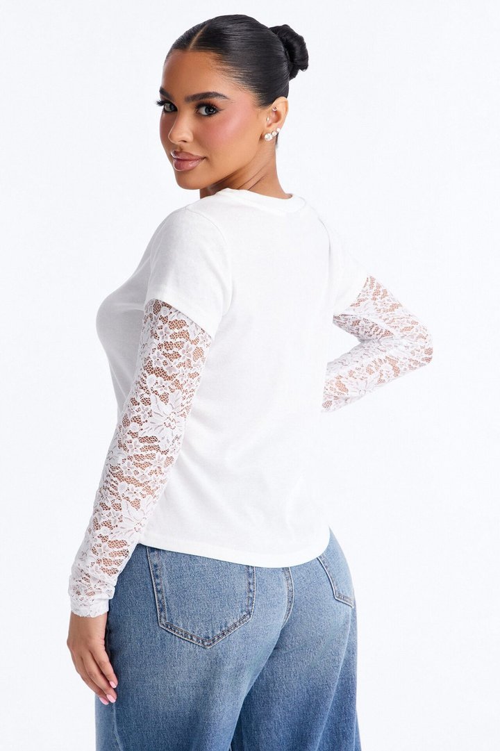 Selene Crew Neck Lace Long Sleeve Top - White
