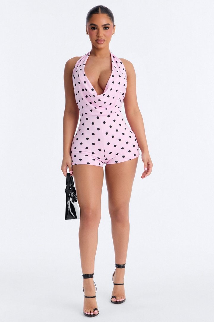 Tiff Polka Dot Backless Micro Romper - Pink