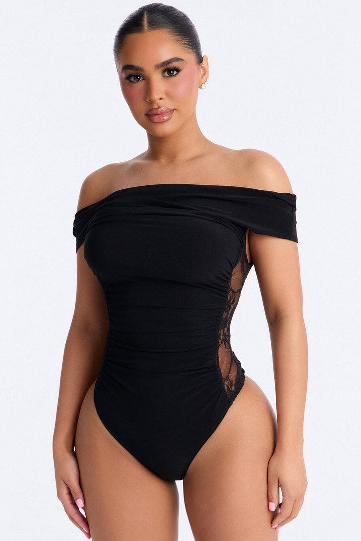 Show A Little Lace Off Shoulder Bodysuit - Black